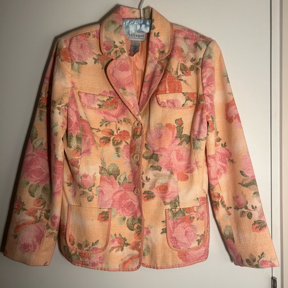 🌹Vintage LIZ C Villager Floral Tapestry Blazer | Pink Rose Jacket Size 12 💗1990s